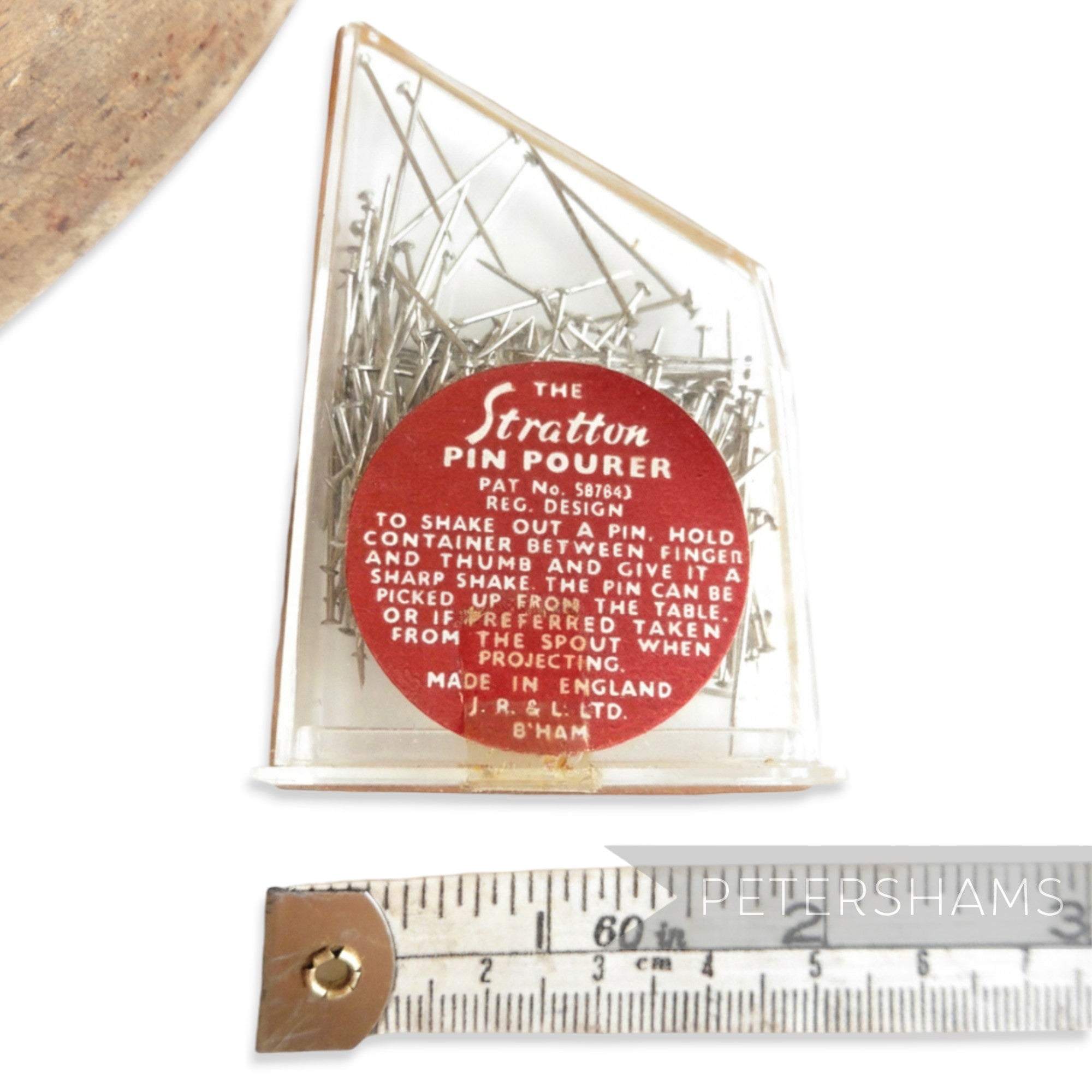 Petershams Millinery Supplies vintage Stratton Pin Pourer, circa 1950s/60s, with approx. 100 pins.