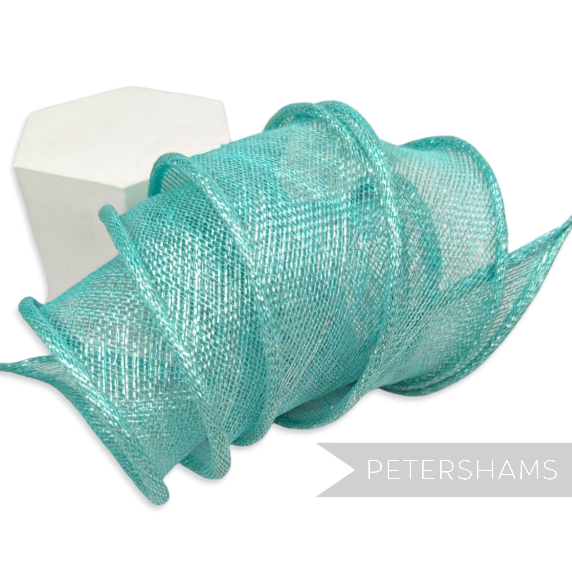 Petershams Millinery Supplies teal metallic lurex sinamay ribbon trim, hand-rolled edges, tapered ends, ideal for hat making.