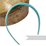 Petershams vintage 1960s teal skinny headband, 8mm wide, with fine grid pattern and small holes for attachments.