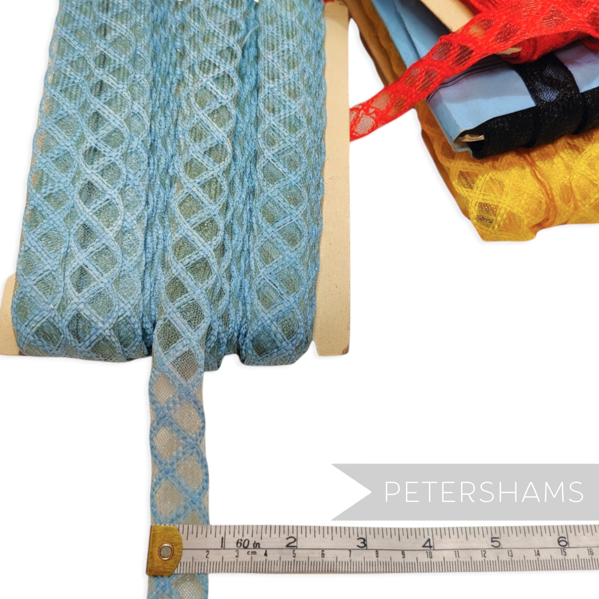 Petershams Millinery Supplies light blue vintage crinoline trim with a lattice pattern, 22mm wide.
