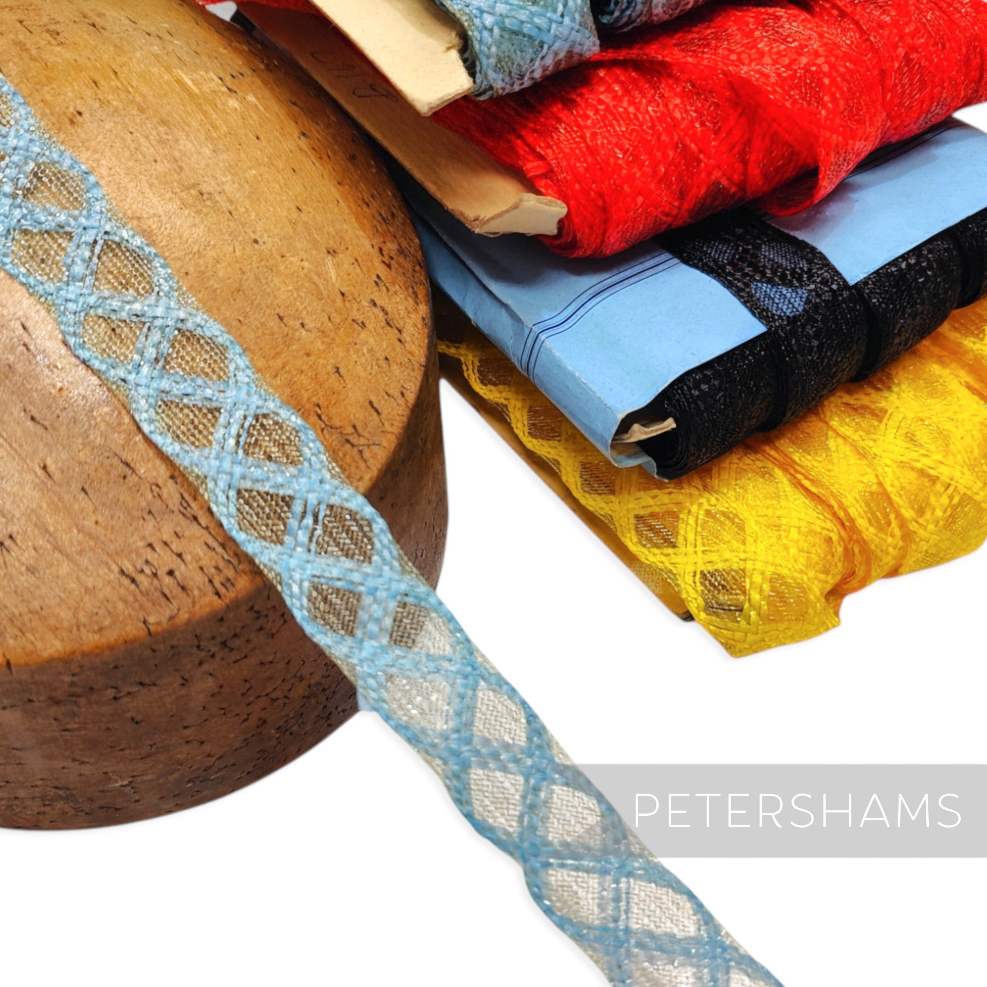 Petershams Millinery Supplies vintage 1950s/60s blue and gold lattice crinoline trim, 22mm wide.