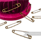 Petershams 62mm vintage brass safety pins with 3 holes for embellishing hats and headpieces.
