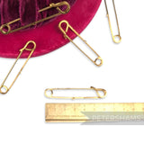 Petershams Millinery Supplies vintage 63mm gold plated brass safety pin with one hole for embellishments.