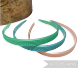 Petershams Millinery Supplies vintage 1960s skinny 8mm headband in pastel green, teal, and peach with fine grid pattern.