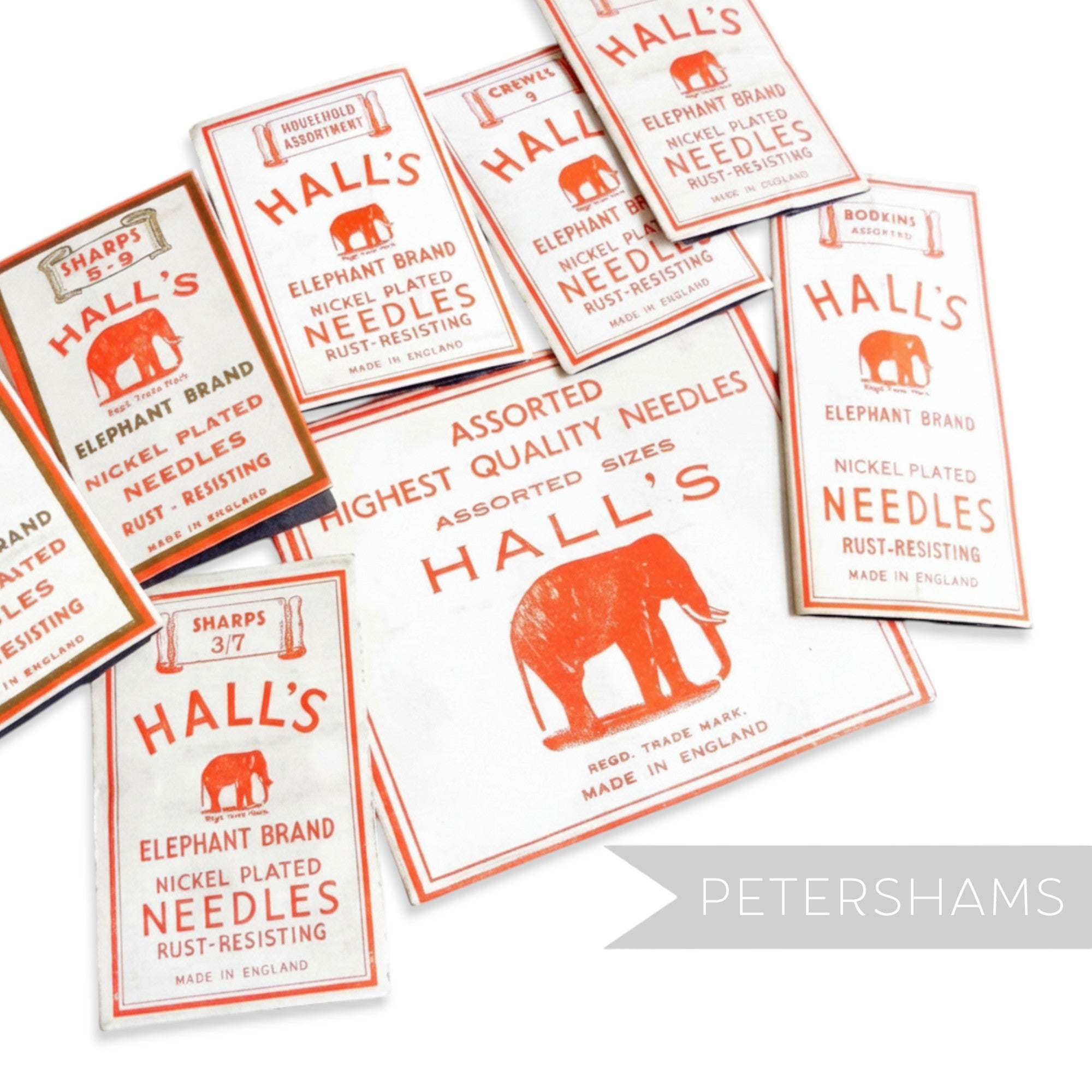 Petershams Millinery Supplies vintage Hall's Elephant Brand nickel plated rust-resisting sewing needles in assorted sizes and types.