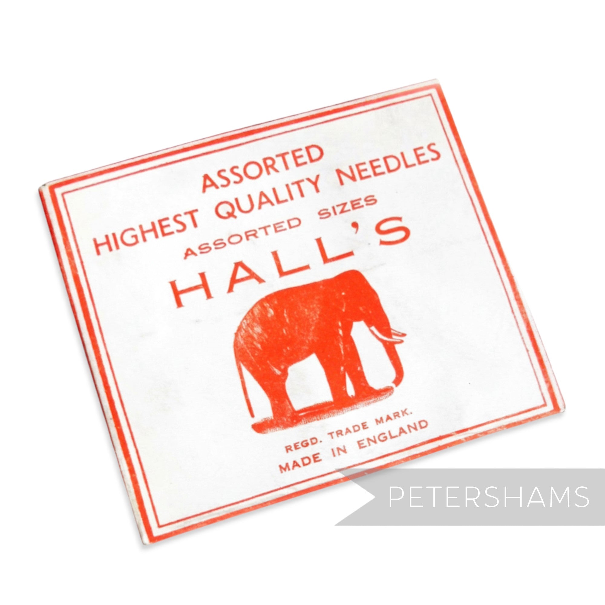 Petershams Millinery Supplies vintage Hall's Elephant Brand assorted sewing needles pack, made in England.