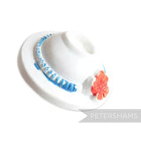 Petershams white vintage hat button with blue trim and red flower detail, 18mm.