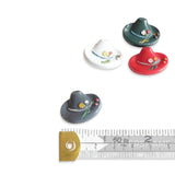 Petershams Millinery Supplies vintage hat buttons in red, white, grey, and green, with floral and cherry relief detail.