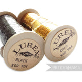 Petershams Millinery Supplies vintage black and gold lurex thread spools, 457m each, perfect for hat trimming and textiles.