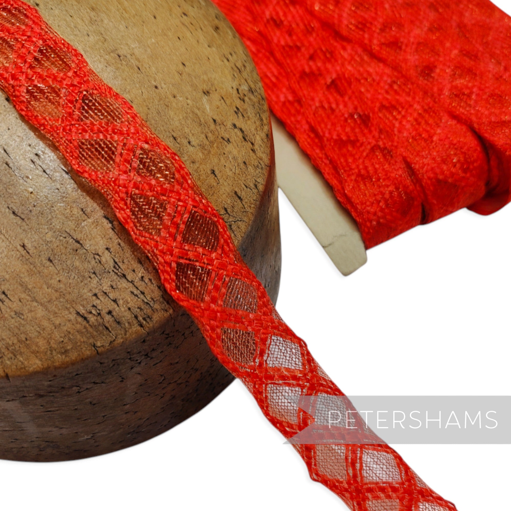 Petershams Millinery Supplies vintage red lattice crinoline trim, 22mm wide, with a woven diamond pattern.
