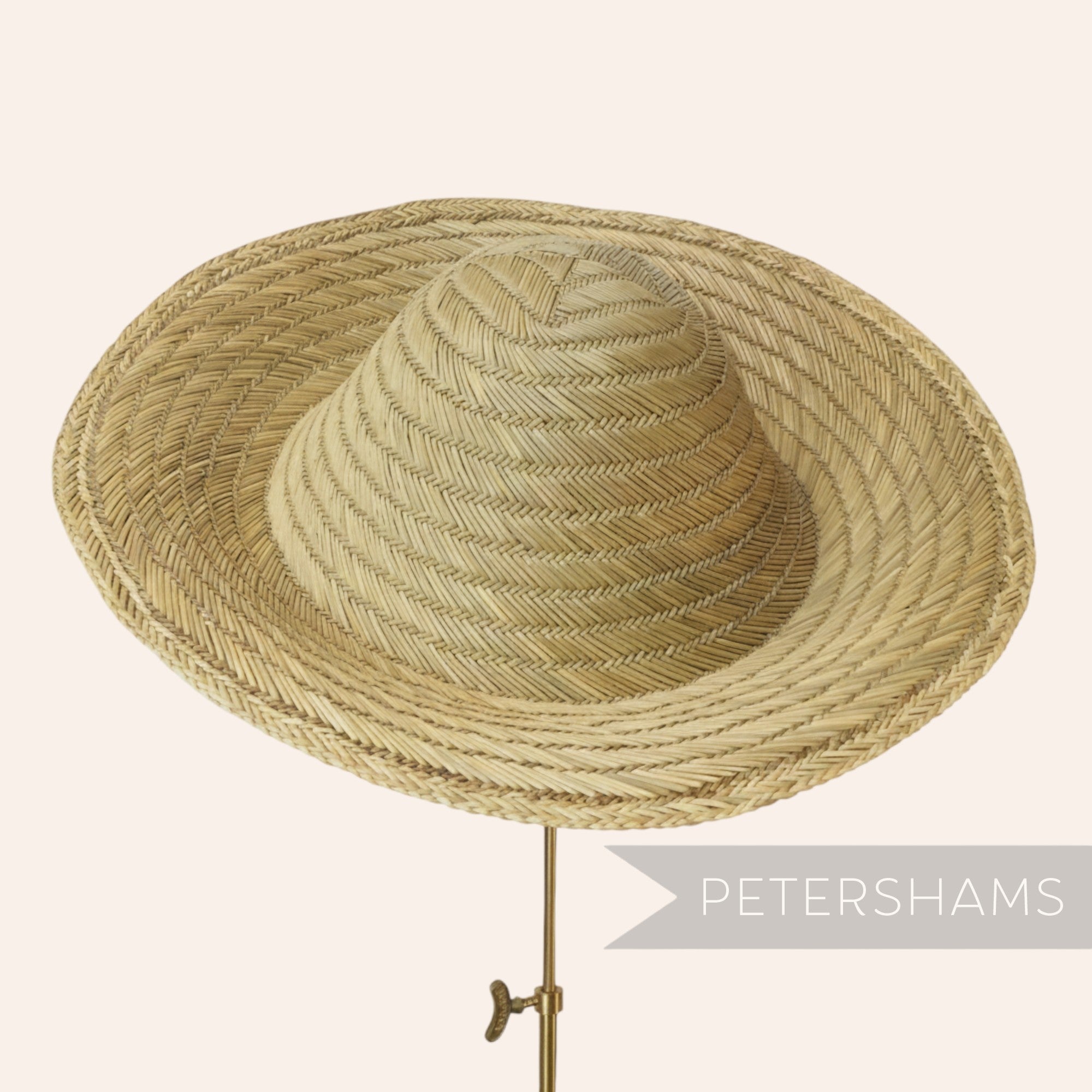 Petershams vintage natural straw capeline hat body with spiral weave detail, 11-inch brim.
