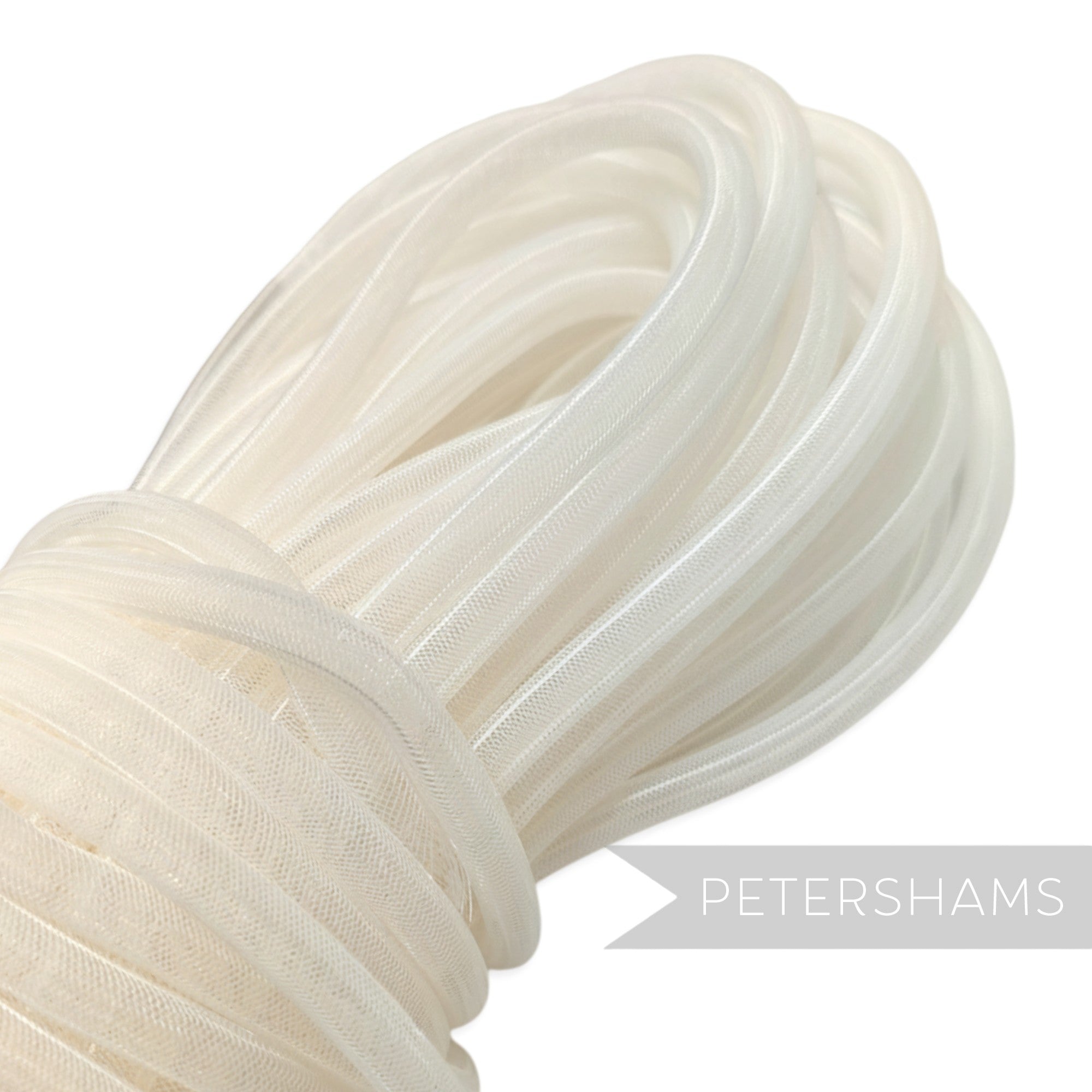 Petershams white 8mm tube millinery crin netting for hat making and trims, slightly sheer with gathered sides.
