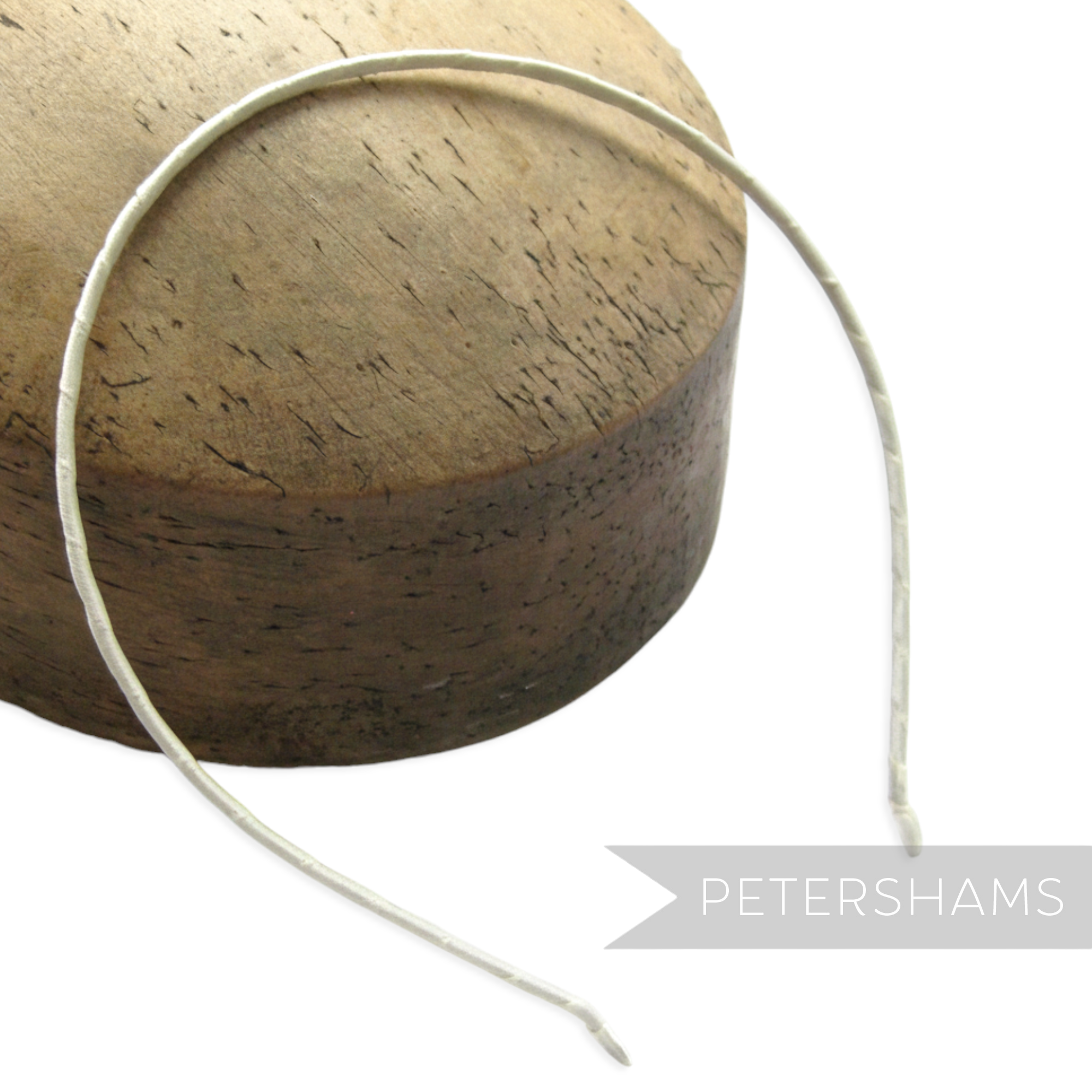 Petershams white ribbon-wrapped metal headband, 3.5mm wide, ideal for millinery and fascinators.