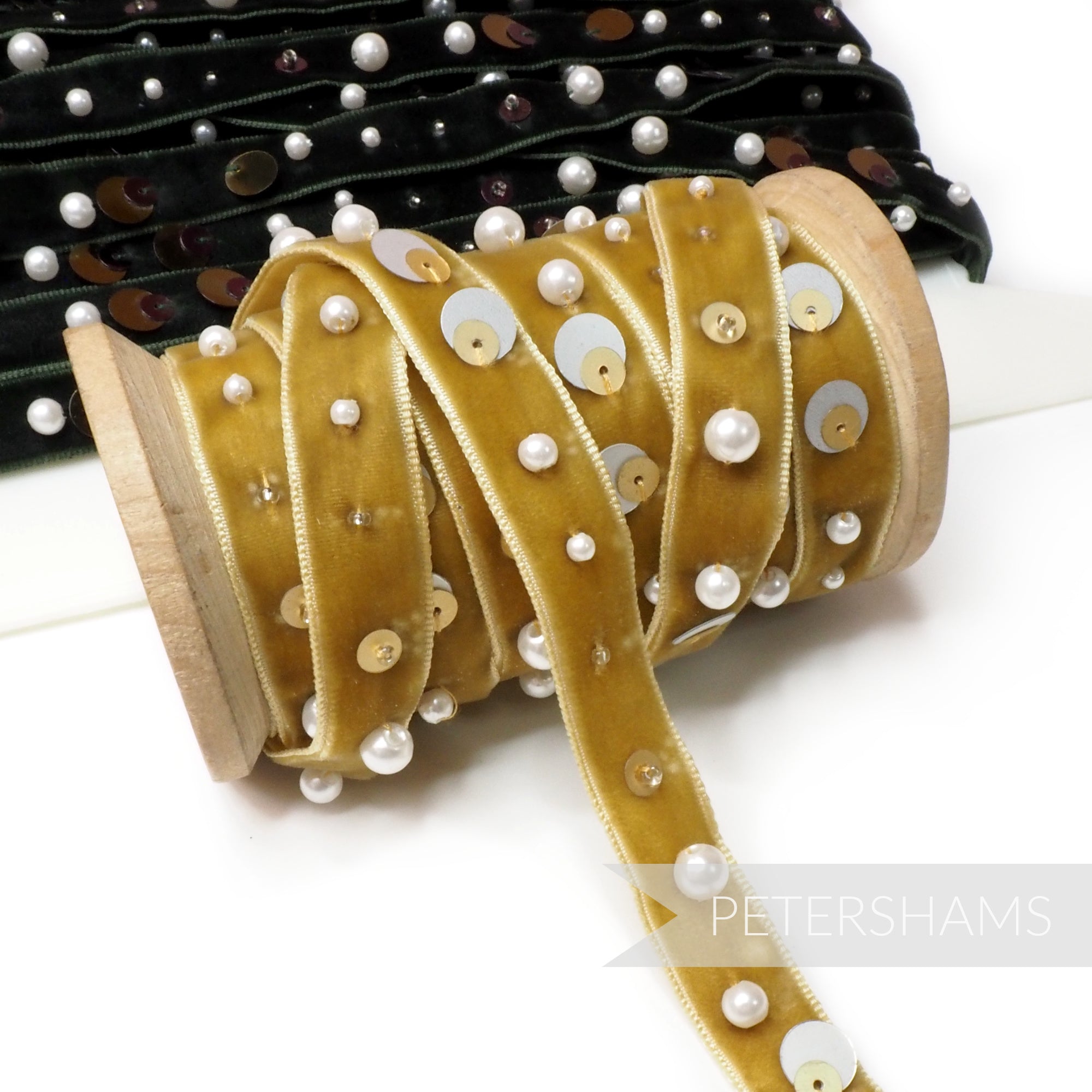 13mm Layered Sequins, Bead & Pearl Adorned Velvet Ribbon - 1m