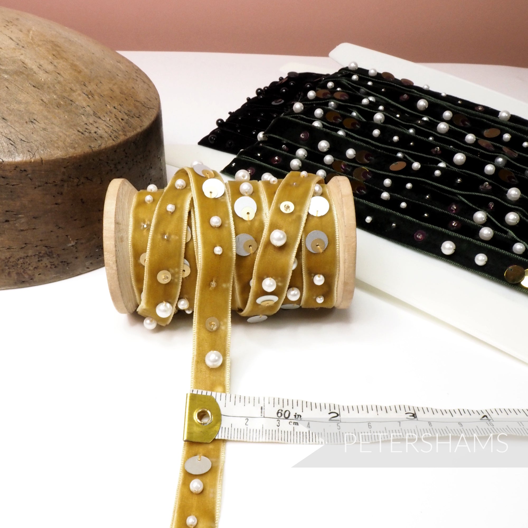 13mm Layered Sequins, Bead & Pearl Adorned Velvet Ribbon - 1m