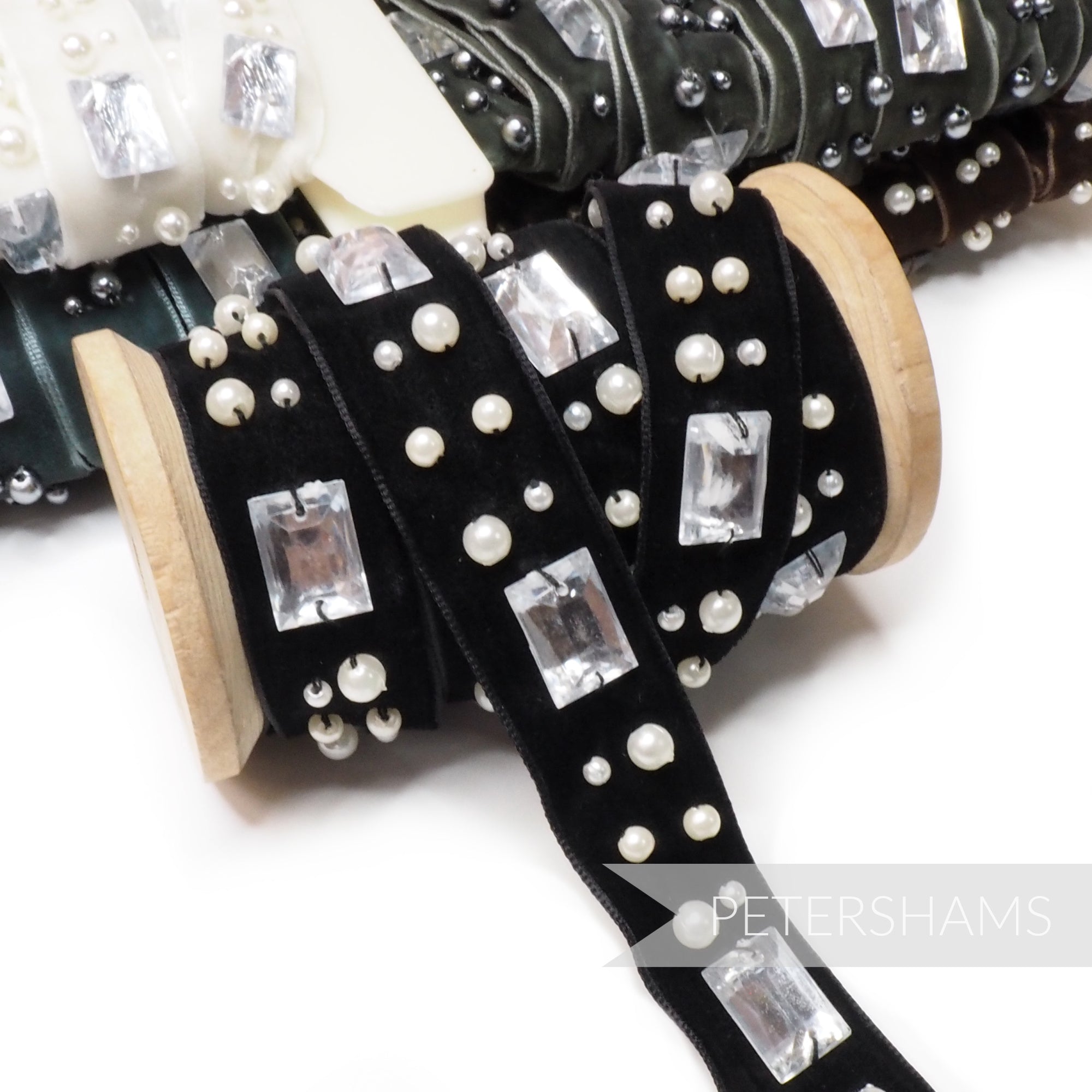 20mm Large Gemstone & Pearl Decorated Velvet Ribbon - 1m – Petershams ...