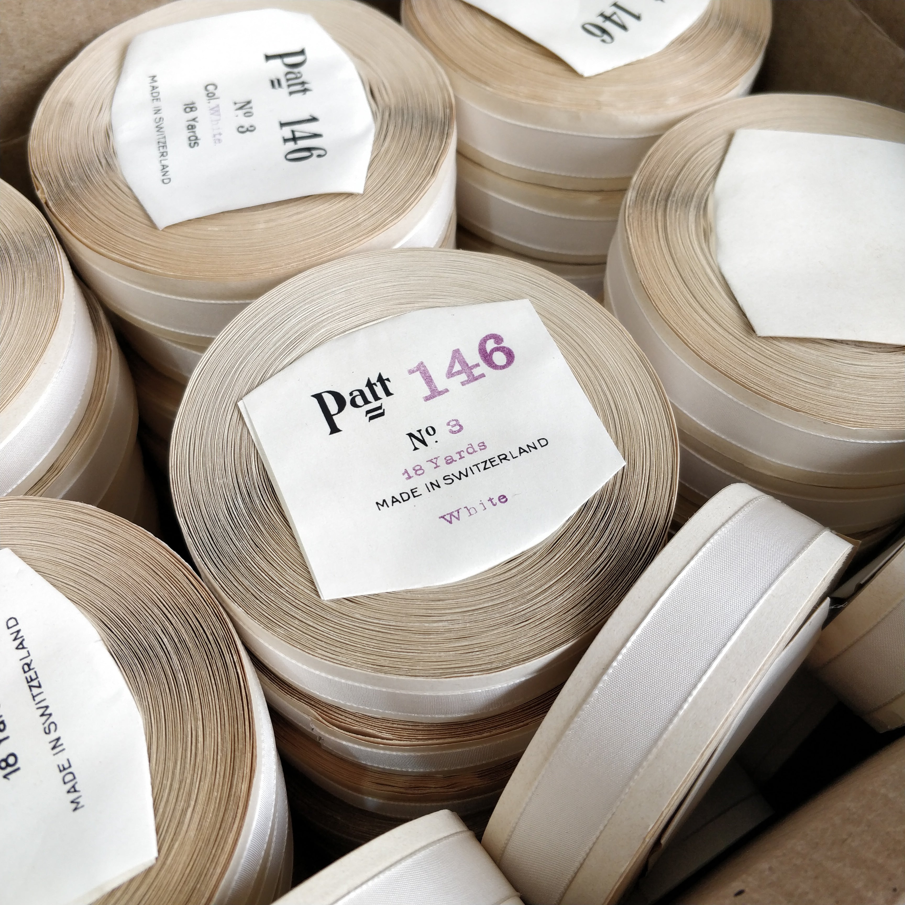 18mm Vintage 1940s Swiss Rayon 'Patt 146' No.3 Paper Wrapped Ribbon - 16m Roll