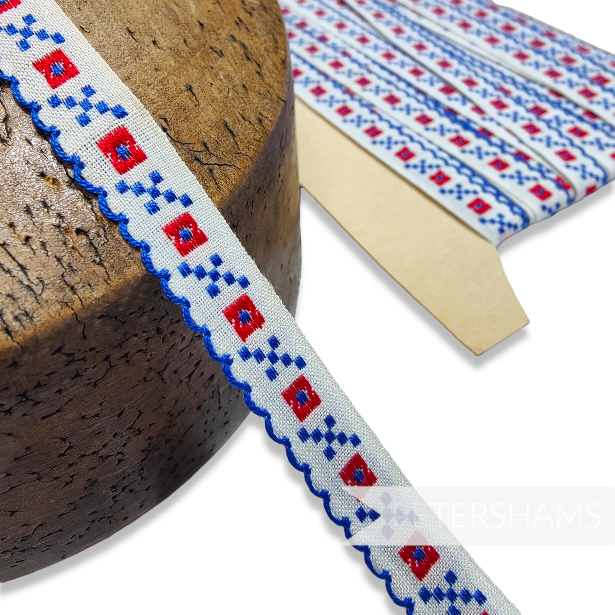 Vintage 1970s Cotton 12mm Red and Blue Embroidered Ribbon - 1m