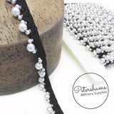Pearl and Bead Adorned Silky Braid on Petersham Ribbon Trim - 1m