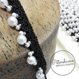 Pearl and Bead Adorned Silky Braid on Petersham Ribbon Trim - 1m
