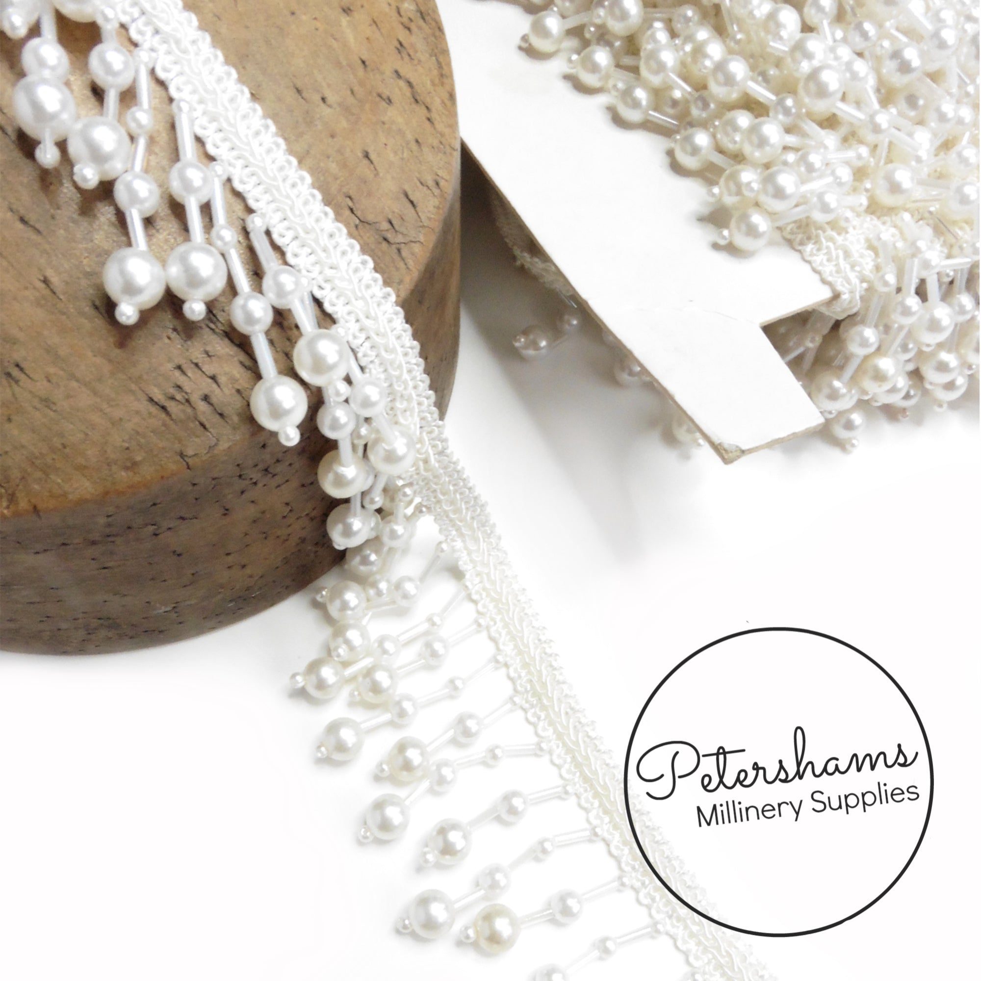 Ivory Pearl and Bugle Bead Fringe on Gimp Braid Trim - 1m