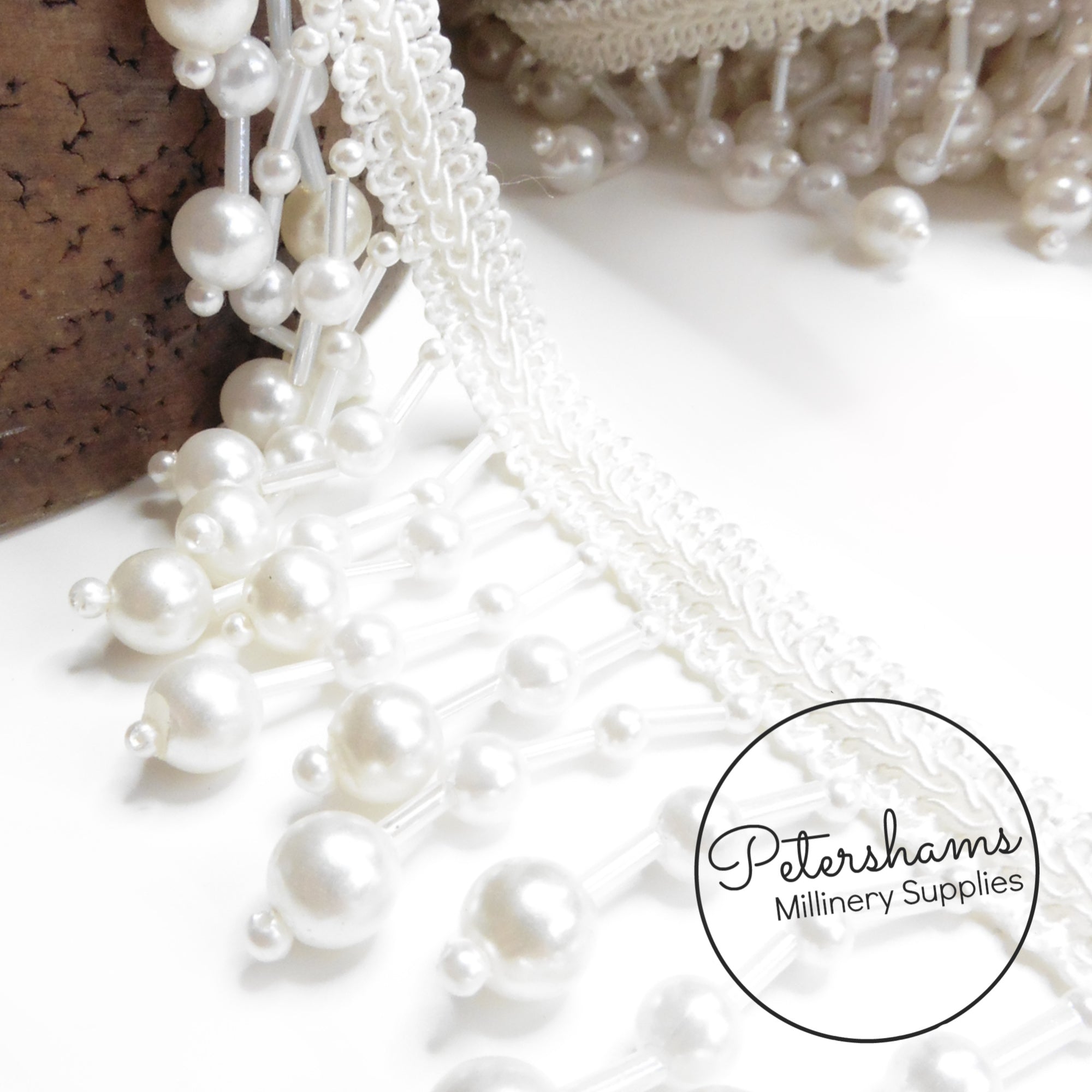 Ivory Pearl and Bugle Bead Fringe on Gimp Braid Trim - 1m