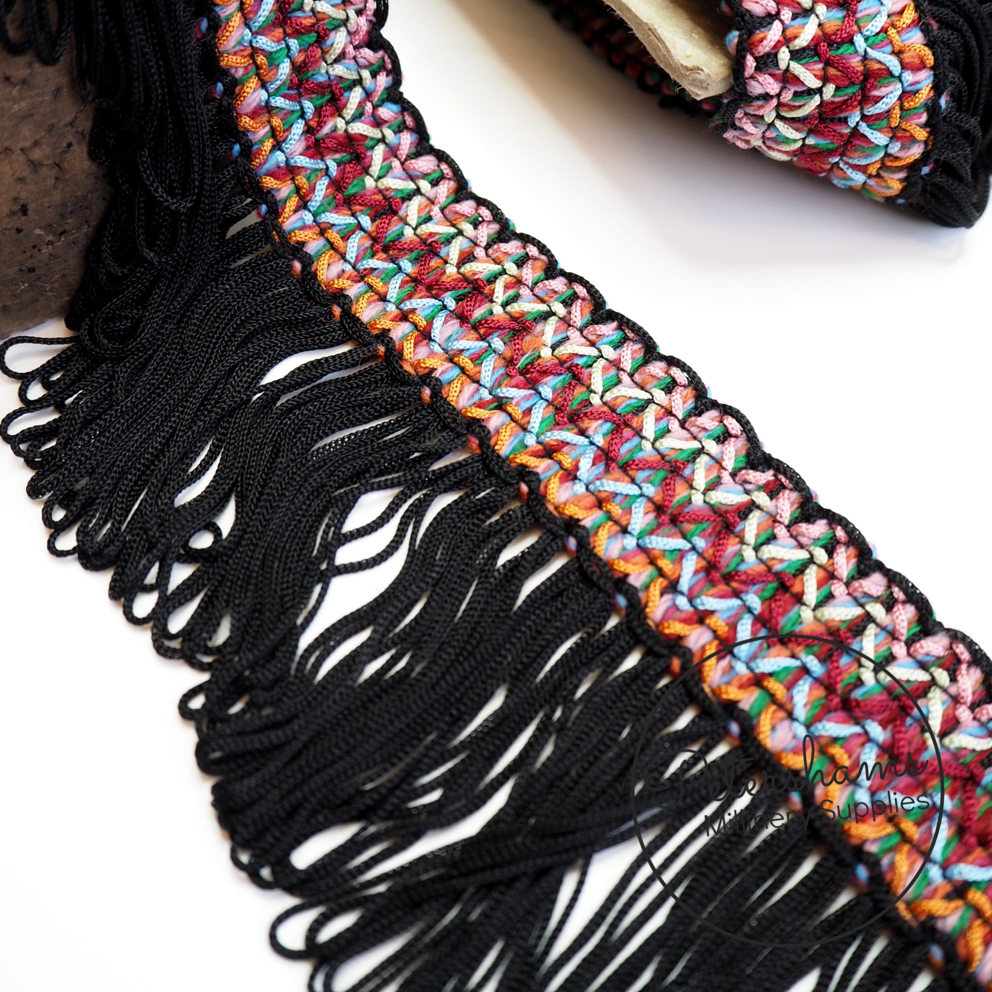 Embroidered Folk Ribbon with Black Fringe - 1m – Petershams Millinery ...