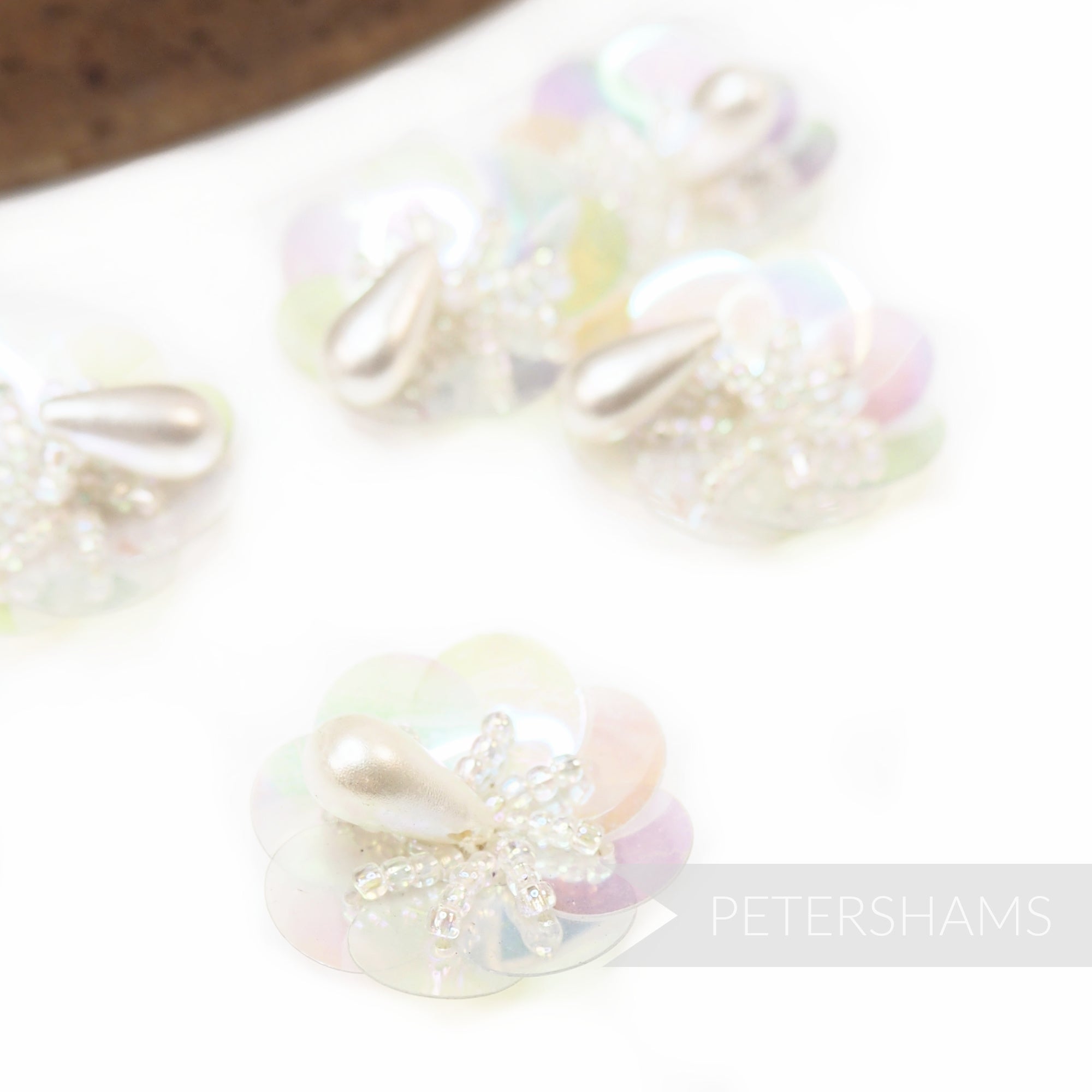 Vintage 1940s Iridescent Sequin and Beaded Flower Motifs with Dangling Bead - Pearl