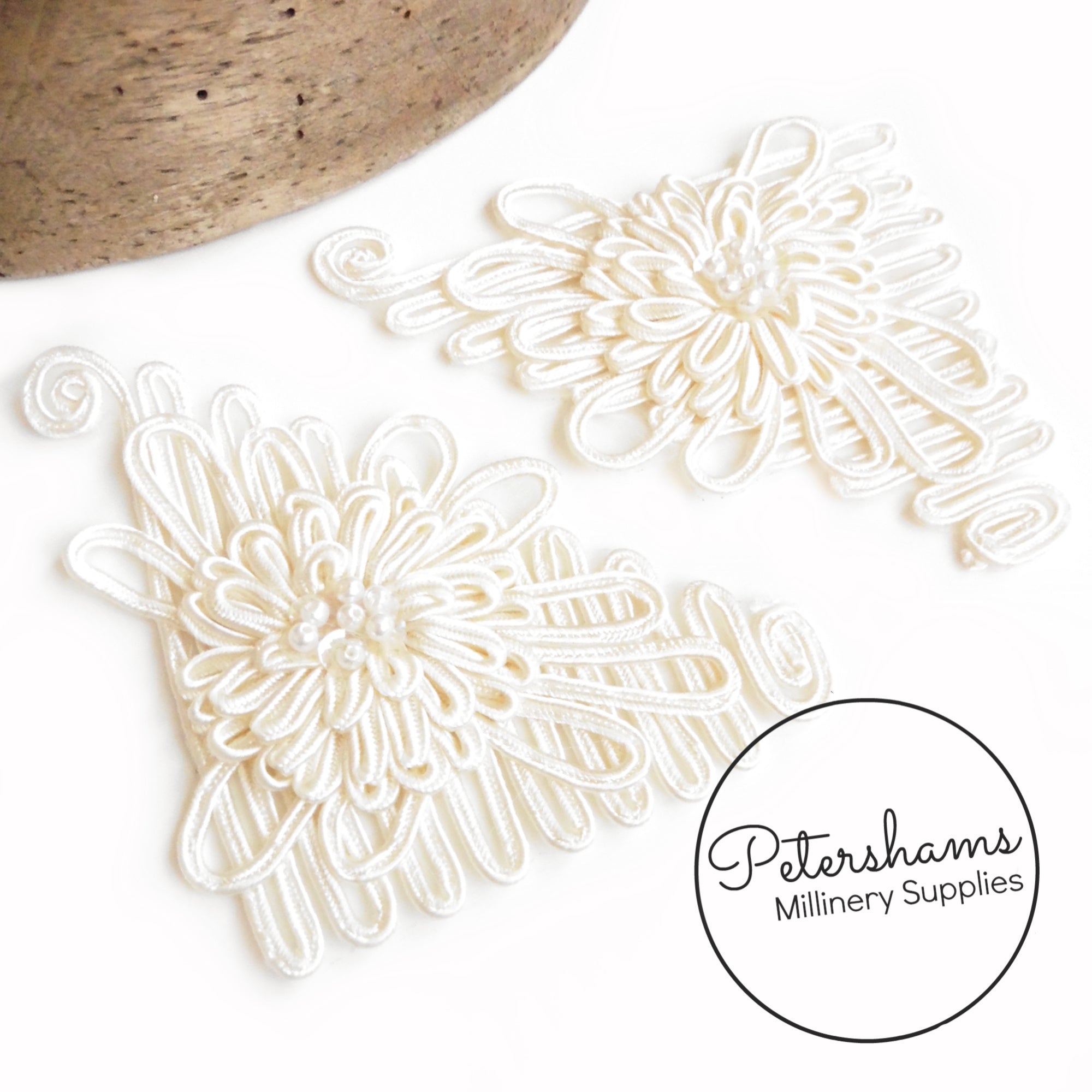 Triangular Swirly Satin Cord Ivory Floral Applique Motifs - Per Pair
