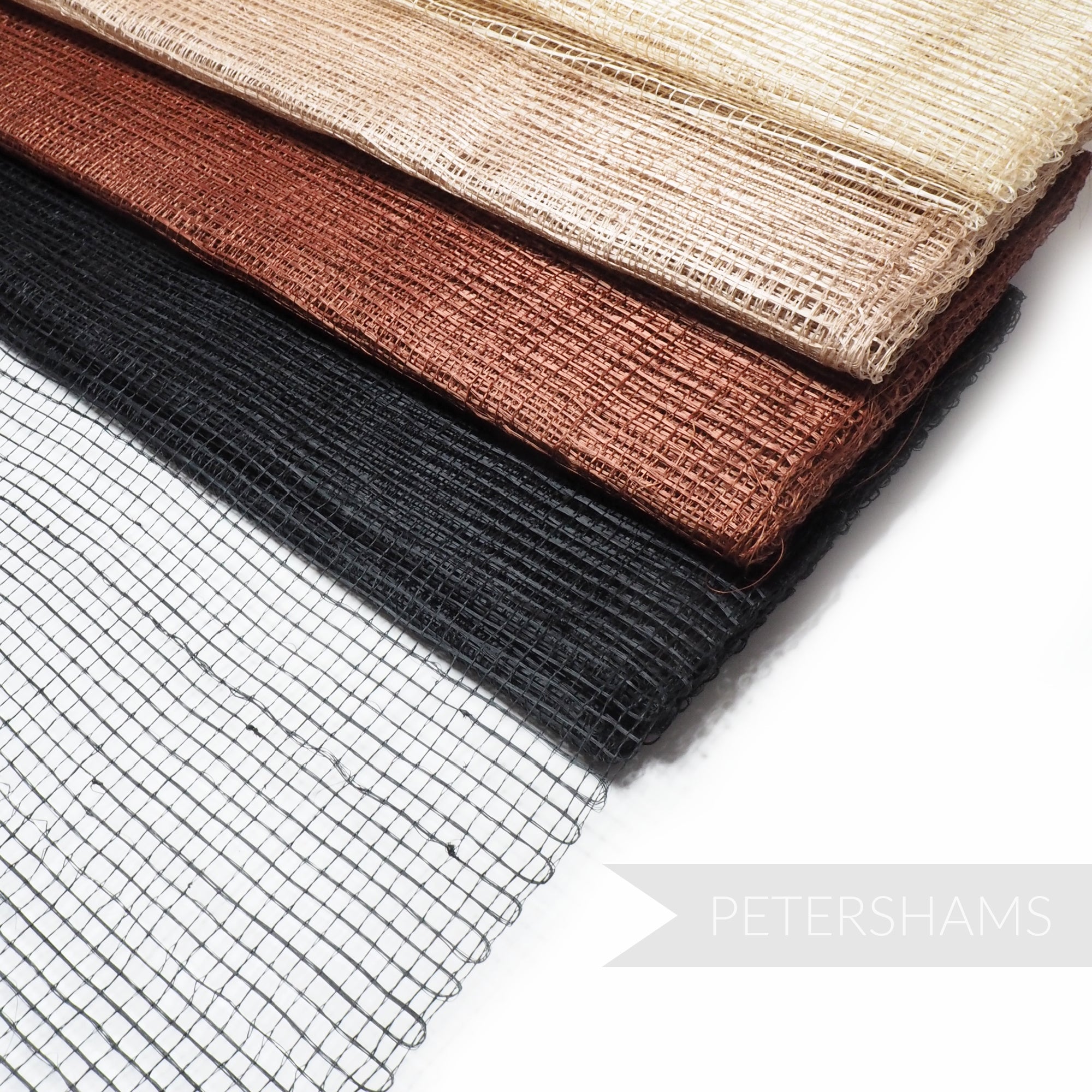 Petershams Millinery Supplies square grid woven sinamay abaca fabric in black, copper, and natural beige tones.